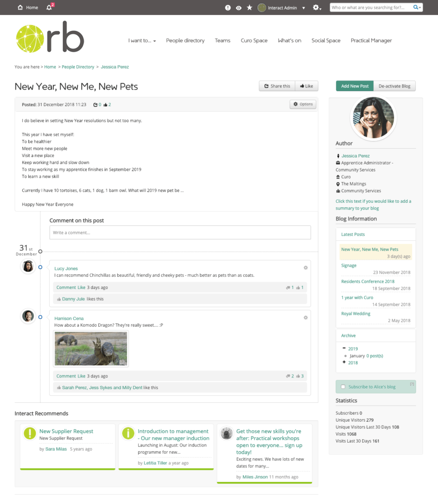 Curo intranet The Orb colleague blog example