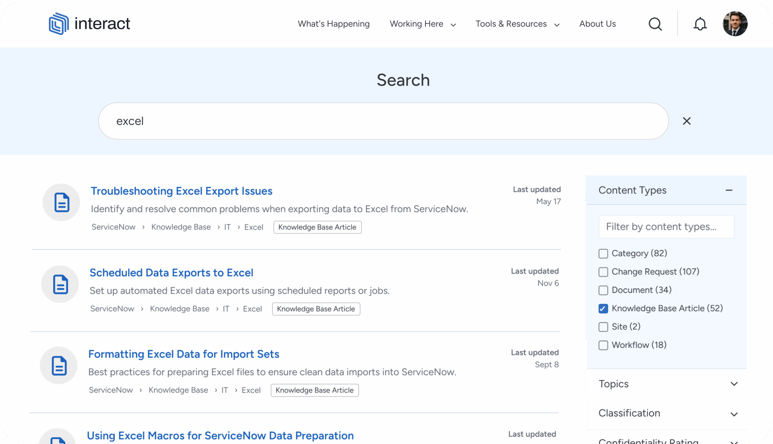 Search results page showing Excel-related knowledge base articles in ServiceNow
