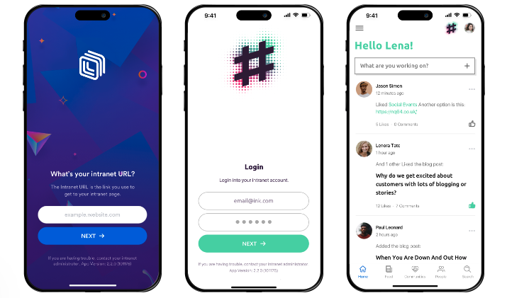 Three smartphones displaying seperate pages of a mobile intranet; a welcome page, a login screen, and an intranet social feed.