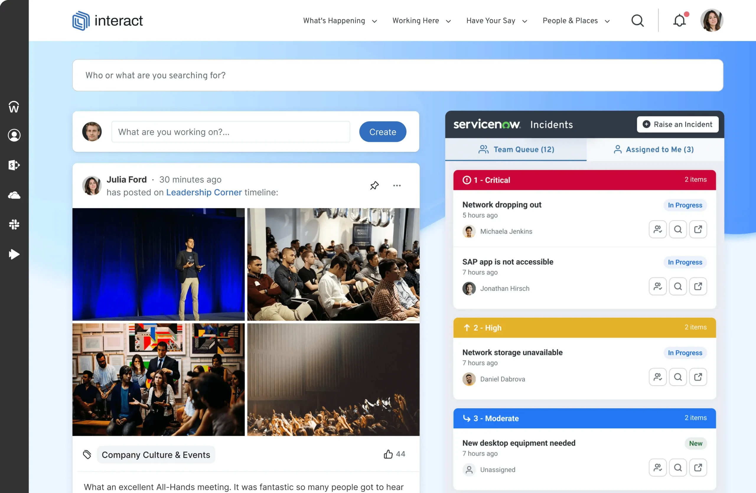 ServiceNow incidents widget on intranet homepage showing critical, high, and moderate issues